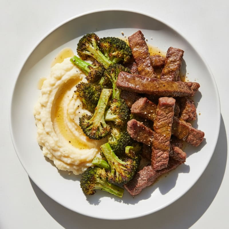 Seared Lean Beef Strips with Roasted Broccoli and Cauliflower Mash