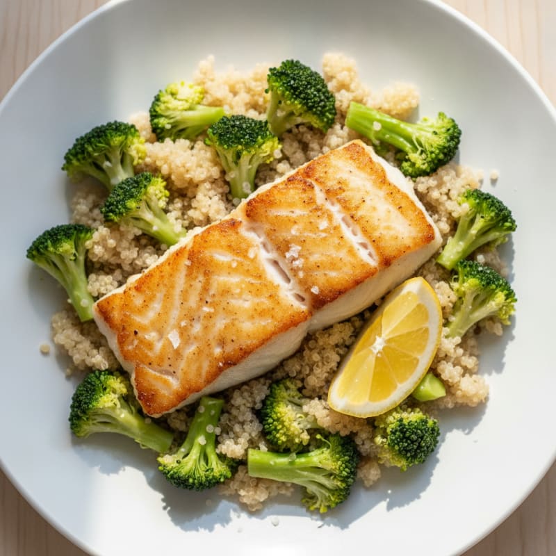 Seared Cod with Steamed Broccoli and Quinoa
