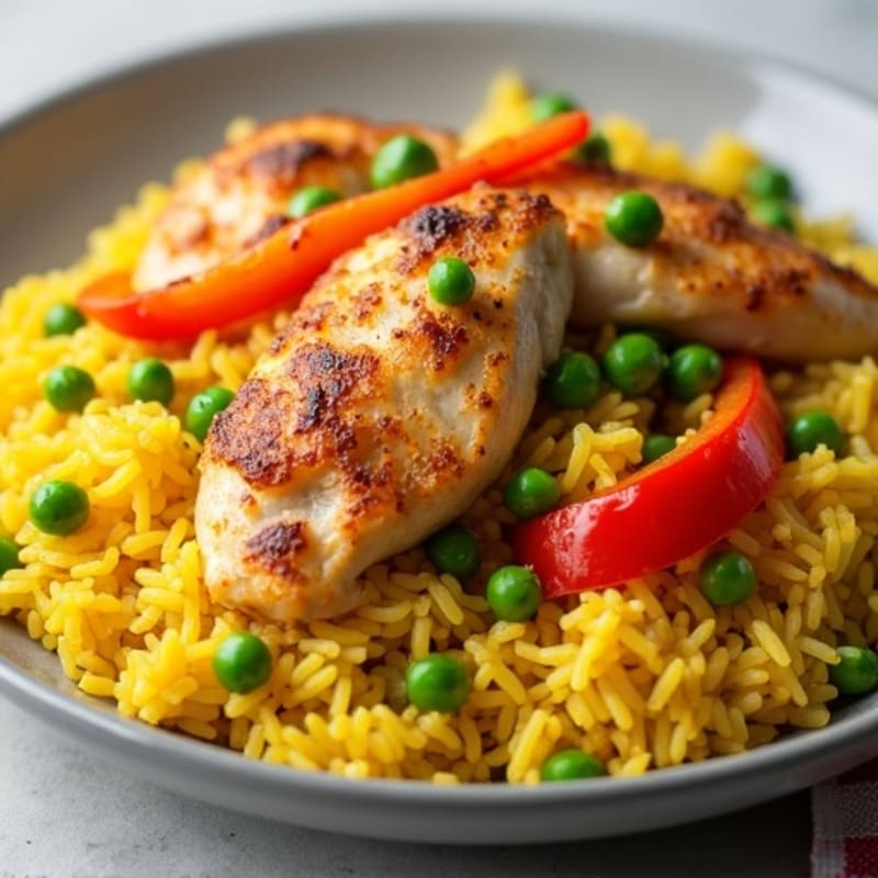 Skillet Chicken and Yellow Rice with Bell Peppers and Peas