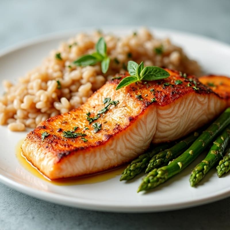Seared Salmon Fillet with Steamed Asparagus and Brown Rice