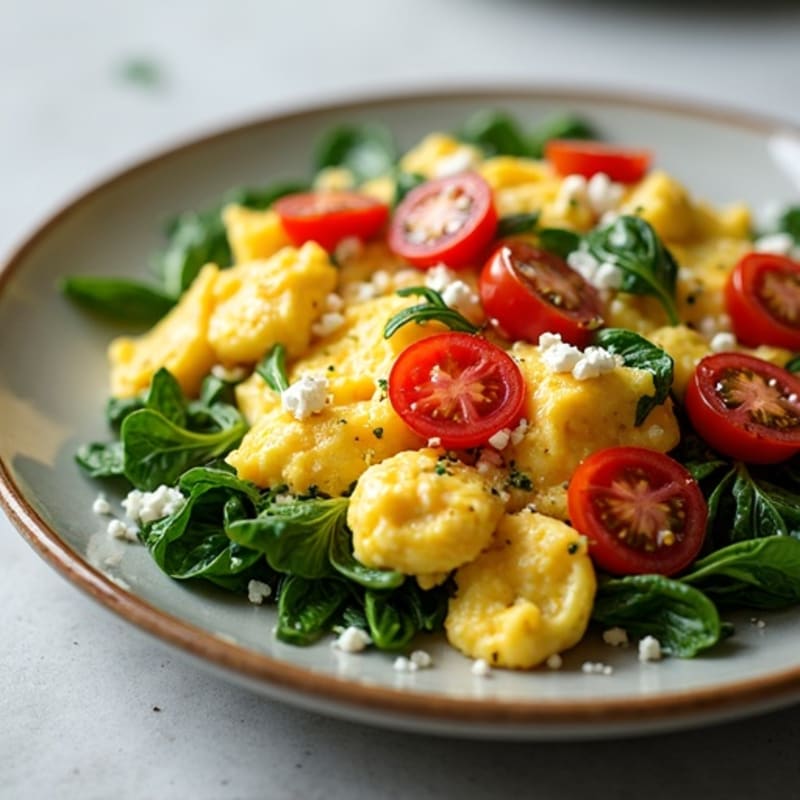 Hearty Fluffy Egg Scramble with Sautéed Greens and Cherry Tomatoes