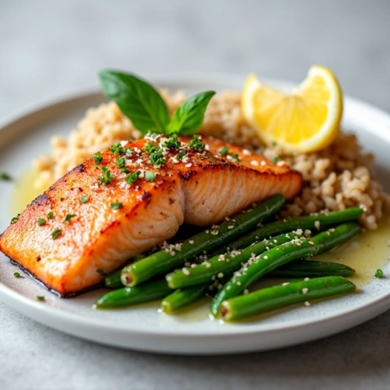 Seared Salmon with Garlic Green Beans and Brown Rice