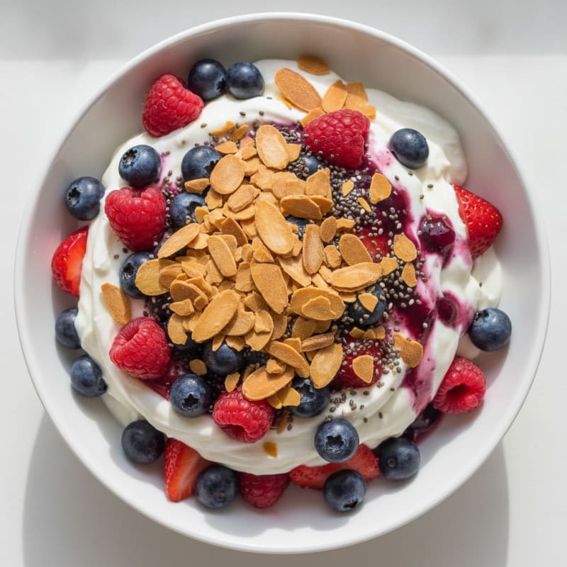 Greek Yogurt Protein Parfait with Mixed Berries and Almonds