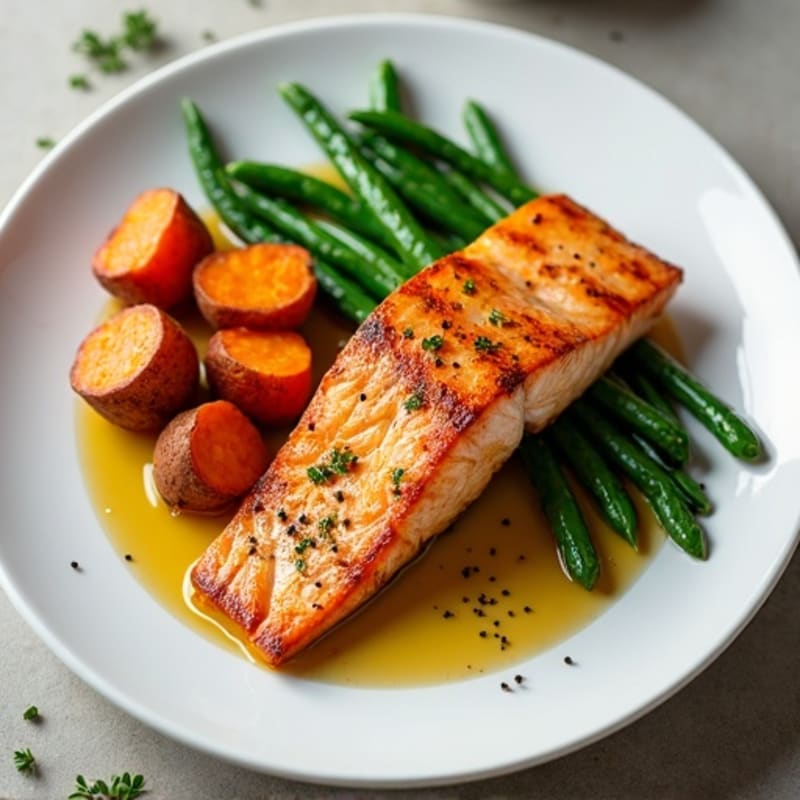Seared Salmon Fillet with Roasted Sweet Potatoes and Green Beans