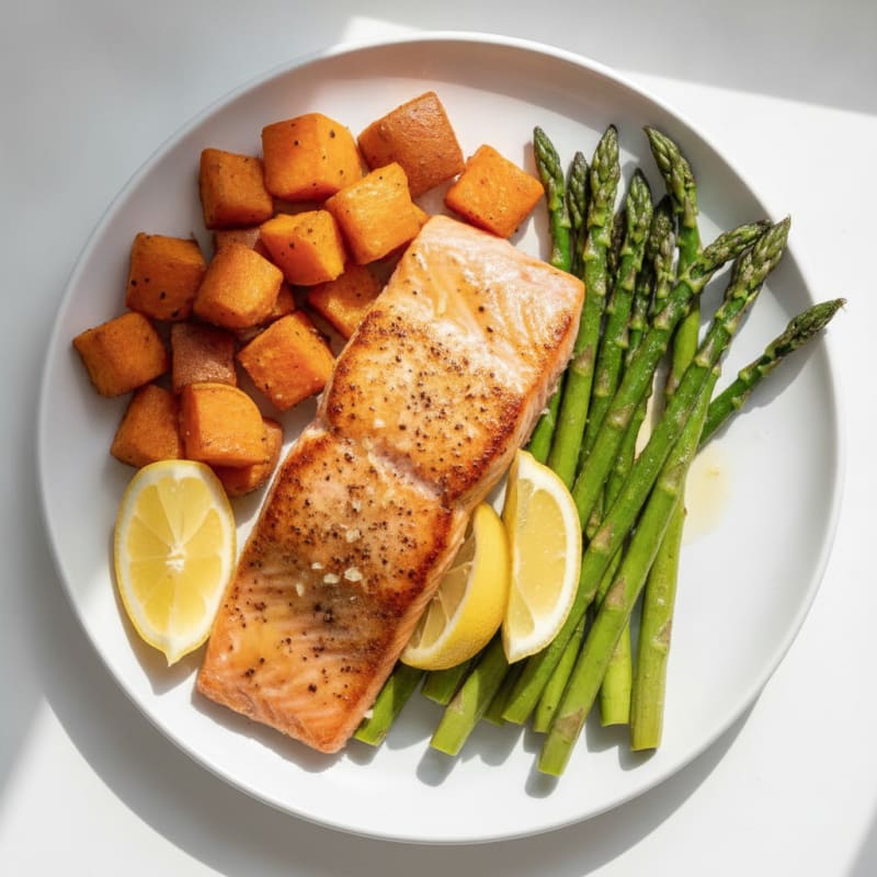 Seared Salmon with Roasted Sweet Potatoes and Asparagus