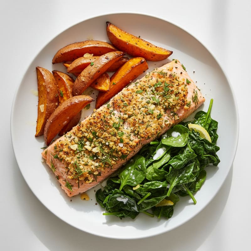 Herb-Baked Salmon with Spinach and Sweet Potatoes