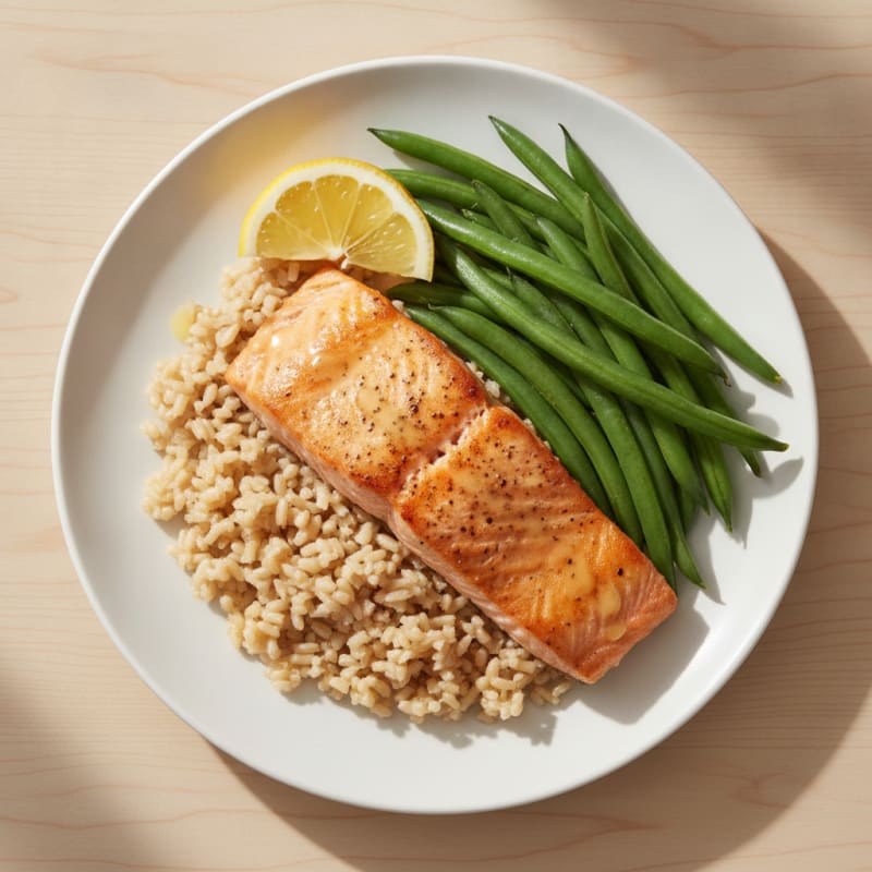 Seared Salmon with Brown Rice and Steamed Green Beans