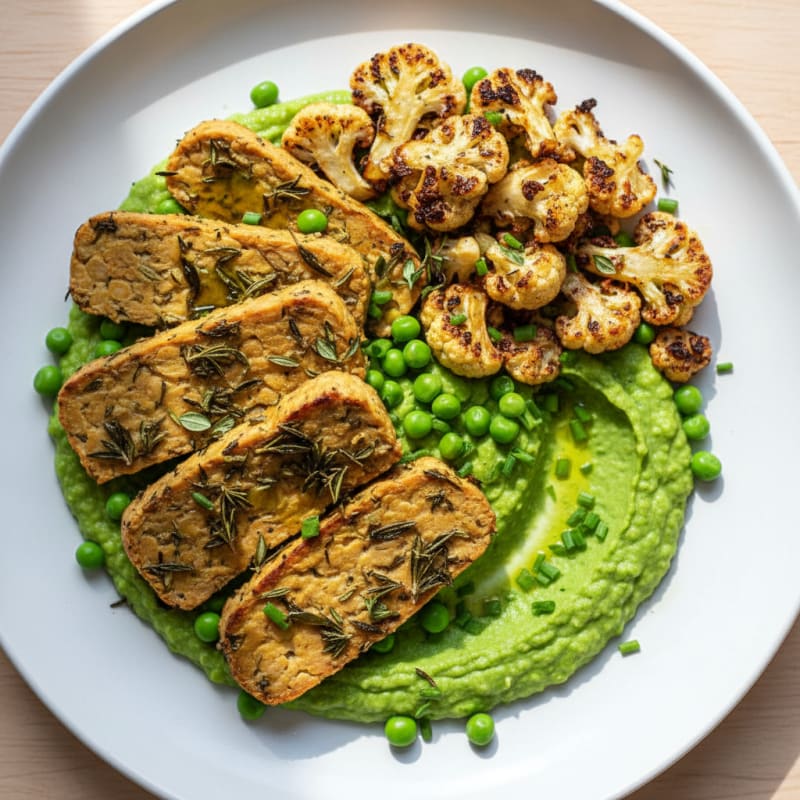 Herb-Baked Tempeh with Garlic Roasted Cauliflower and Pea Purée