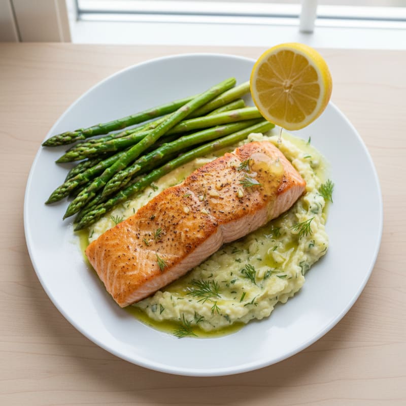 Seared Salmon with Herb-Cauliflower Mash and Steamed Asparagus
