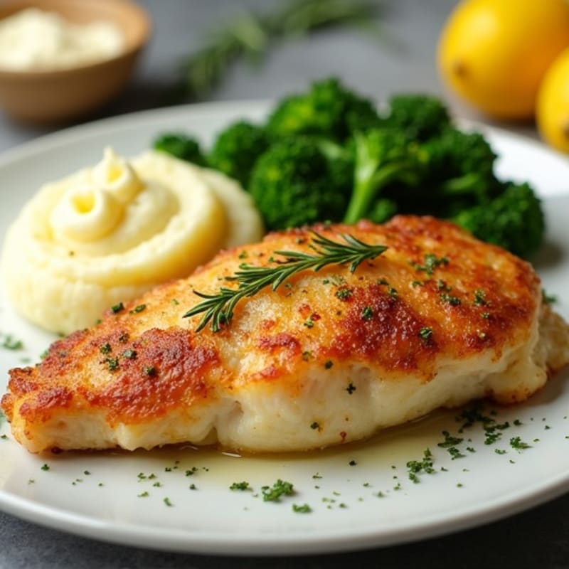 Crispy Lemon Herb Chicken with Creamy Garlic Mashed Potatoes and Roasted Broccolini