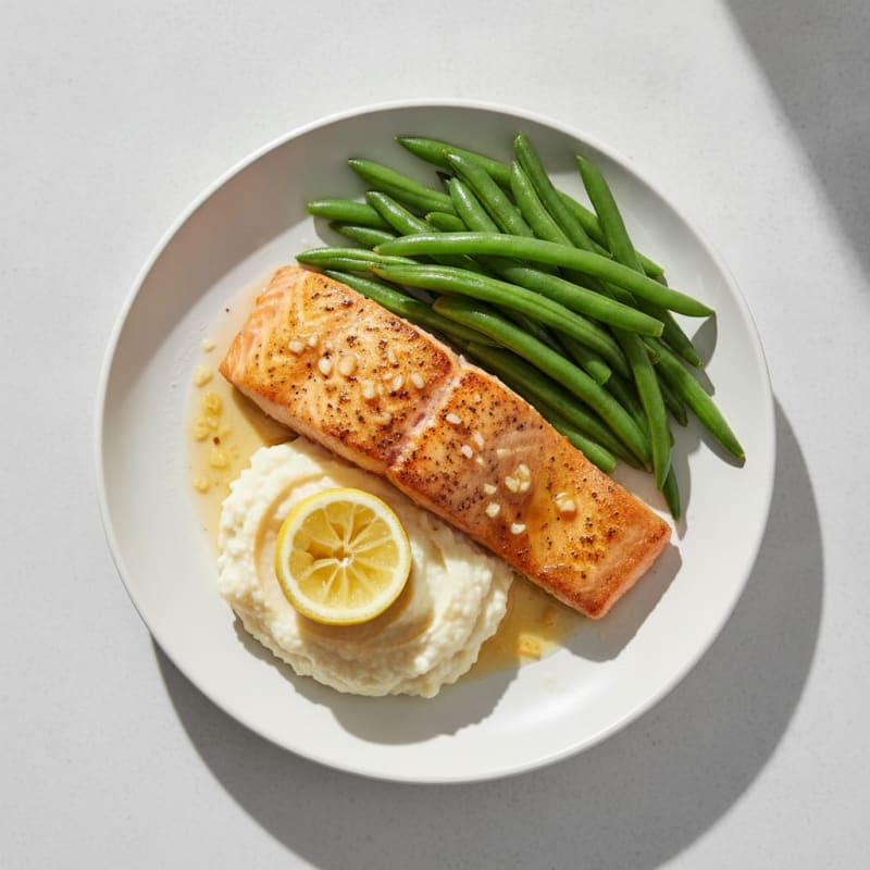 Seared Salmon with Steamed Green Beans and Cauliflower Mash