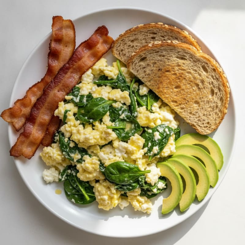 Cottage Cheese Egg Scramble with Spinach and Turkey Bacon