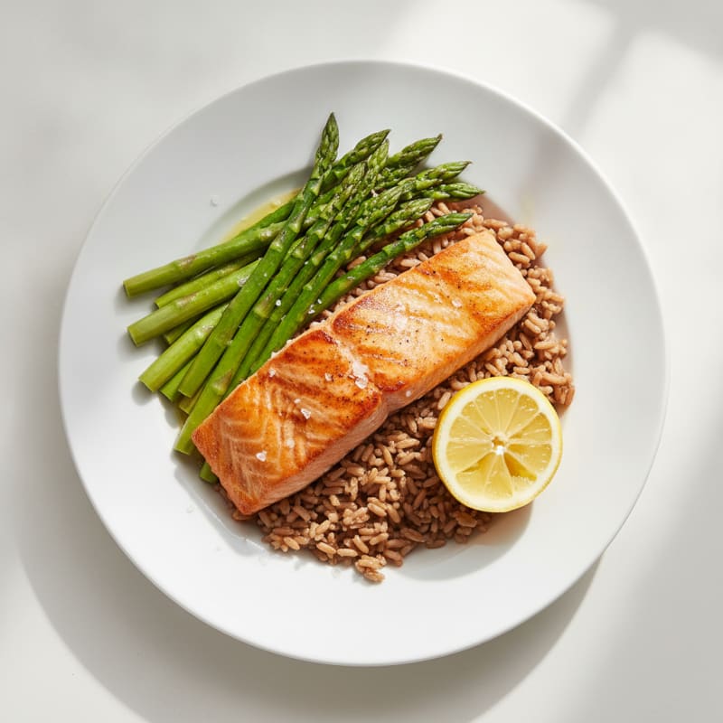 Seared Salmon Fillet with Steamed Asparagus and Brown Rice