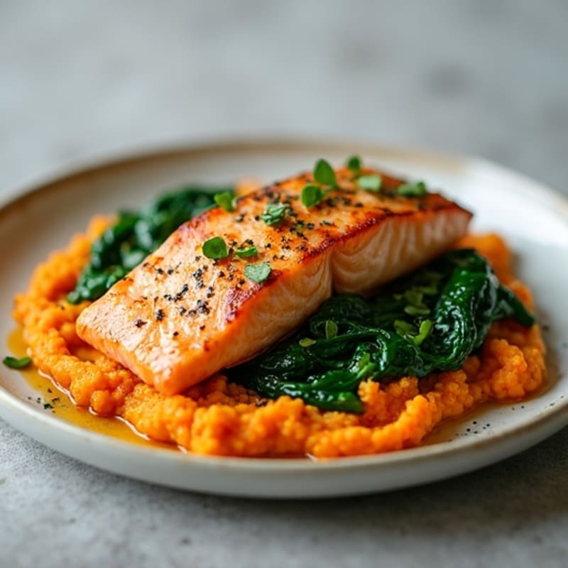 Pan-Seared Salmon with Garlic Spinach and Sweet Potato Mash
