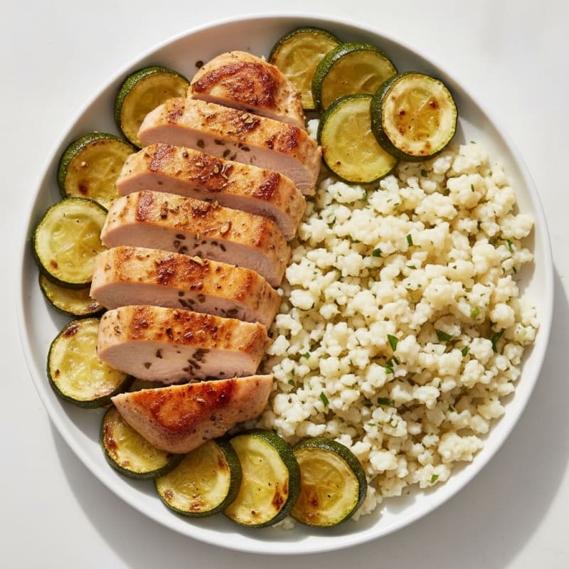 Seared Turkey Breast with Roasted Zucchini and Cauliflower Rice