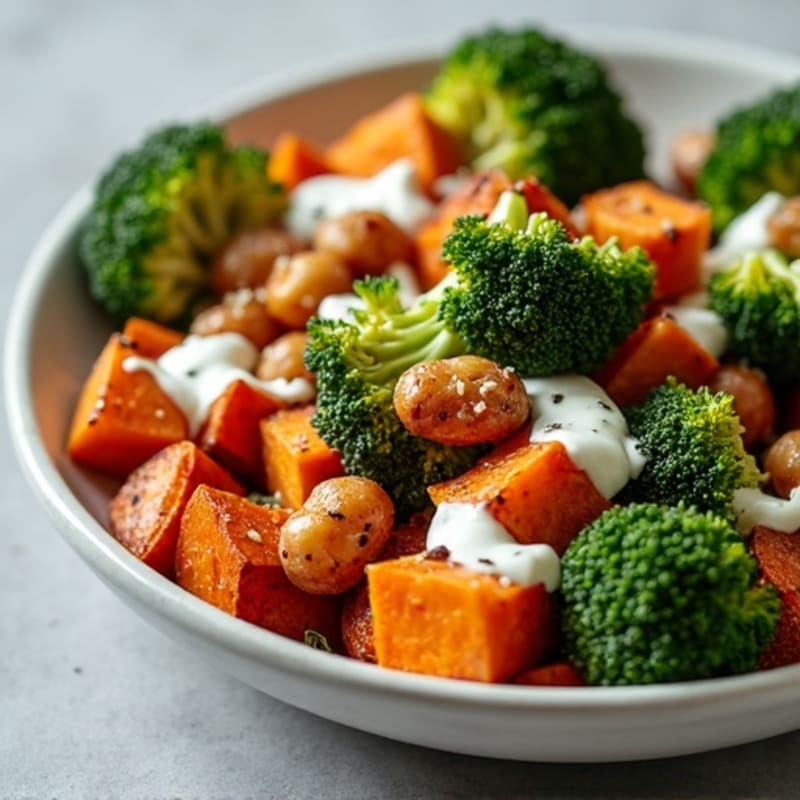 Sheet Pan Roasted Sweet Potatoes and Broccoli with Crispy Lemon-Herb Chickpeas