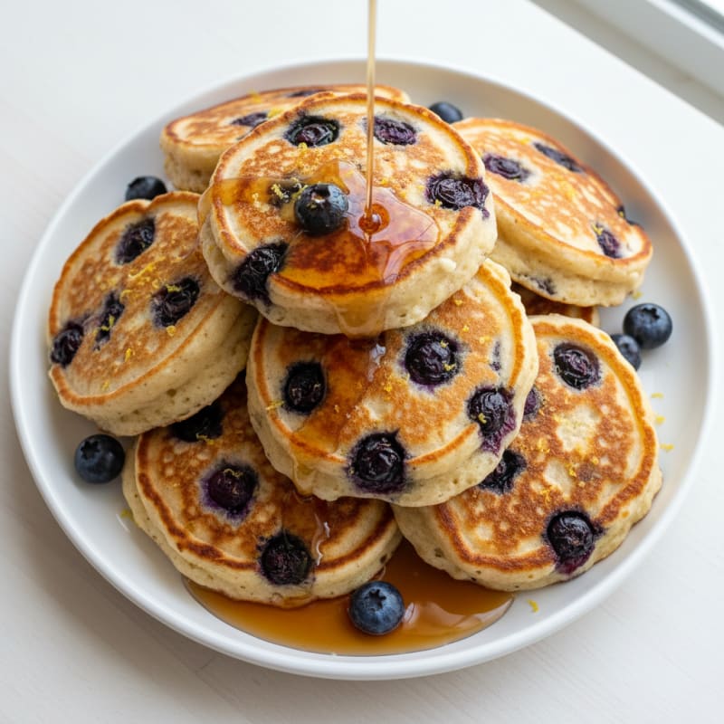 Blueberry Ricotta Pancakes with Maple Syrup