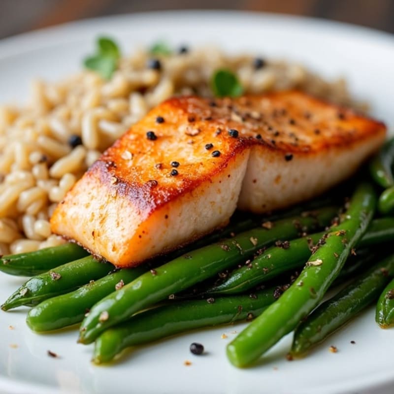 Seared Salmon with Garlic Green Beans and Brown Rice