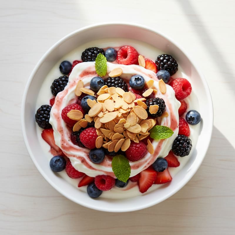 Greek Yogurt Protein Parfait with Mixed Berries and Almonds