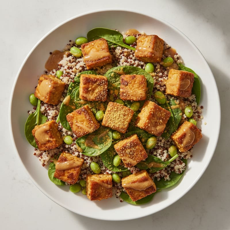 Crispy Tempeh Power Bowl with Quinoa and Edamame