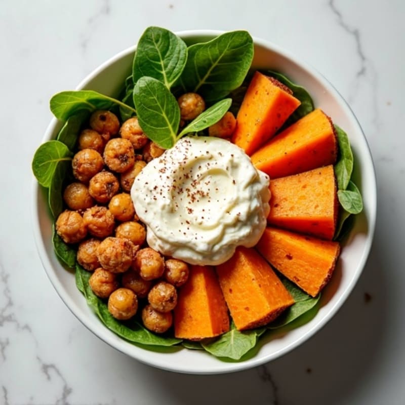 Creamy Cottage Cheese Power Bowl with Roasted Sweet Potatoes, Crispy Chickpeas, and Fresh Greens