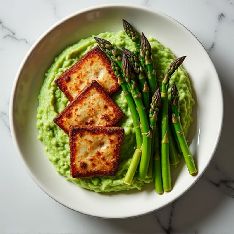 Grilled Tempeh with Steamed Asparagus and Edamame Mash