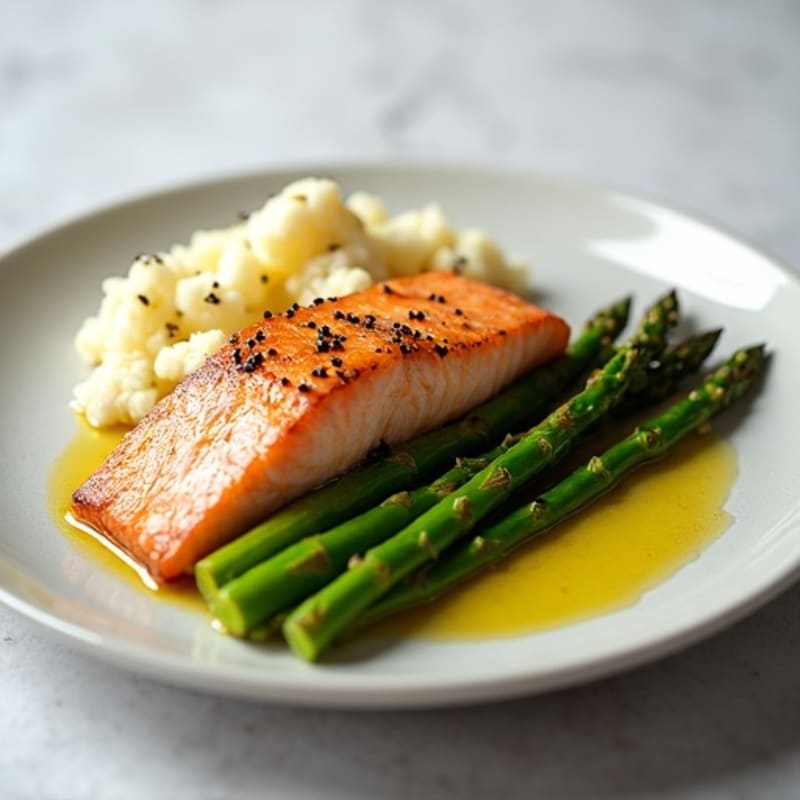 Seared Salmon with Steamed Asparagus and Mashed Cauliflower