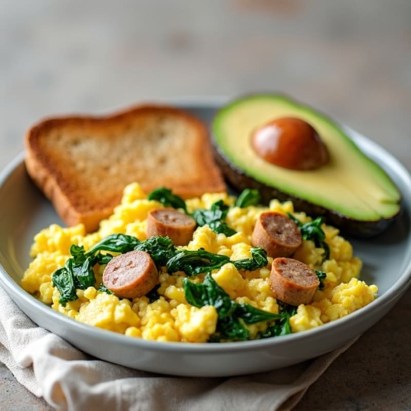 Egg White Scramble with Turkey Sausage and Sautéed Spinach