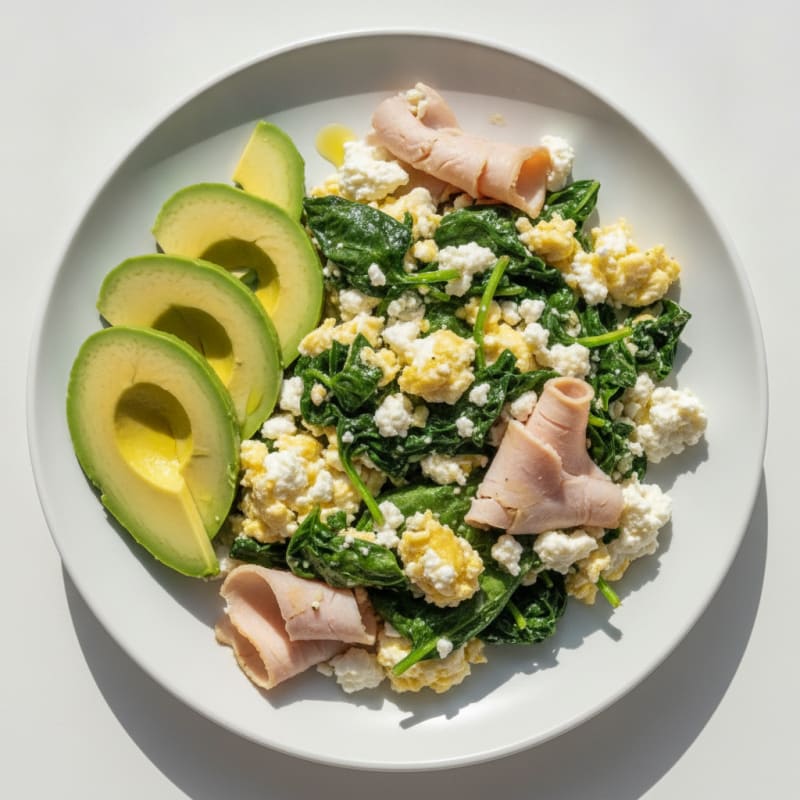Egg White and Spinach Scramble with Cottage Cheese and Sliced Turkey