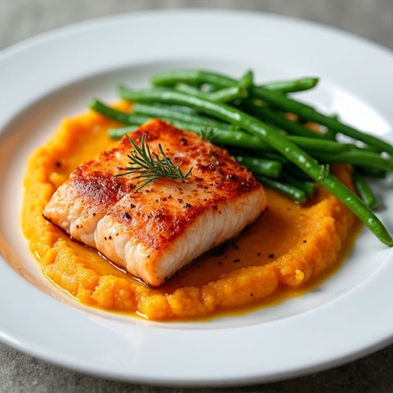 Seared Salmon with Steamed Green Beans and Sweet Potato Mash