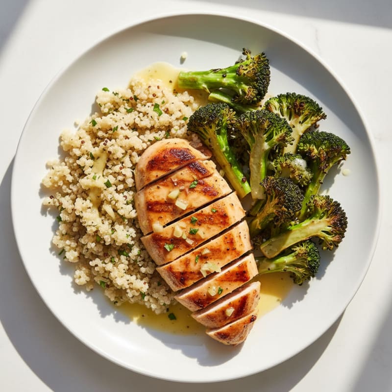 Grilled Lemon-Garlic Chicken Breast with Quinoa and Roasted Broccoli