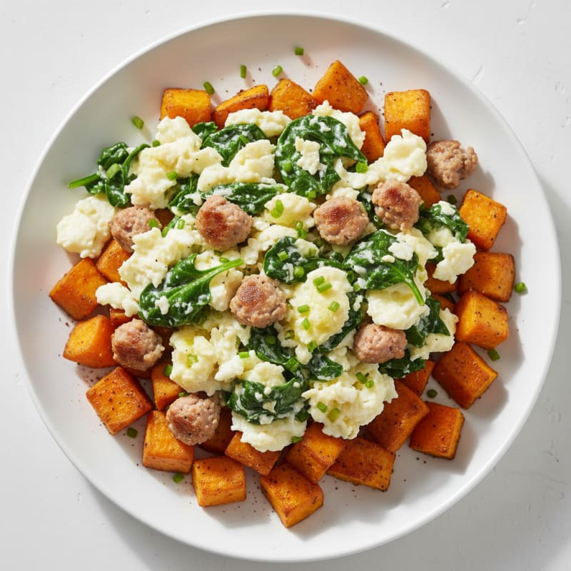 Egg White Scramble with Turkey Sausage and Roasted Sweet Potatoes