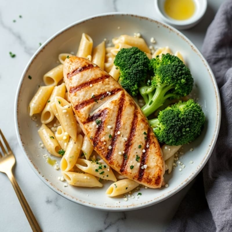 Creamy High-Protein Chicken Pasta with Roasted Broccoli