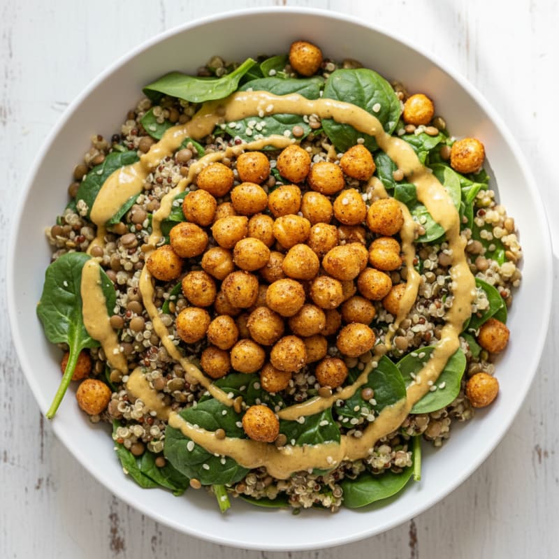 Lentil and Quinoa Power Bowl with Roasted Chickpeas