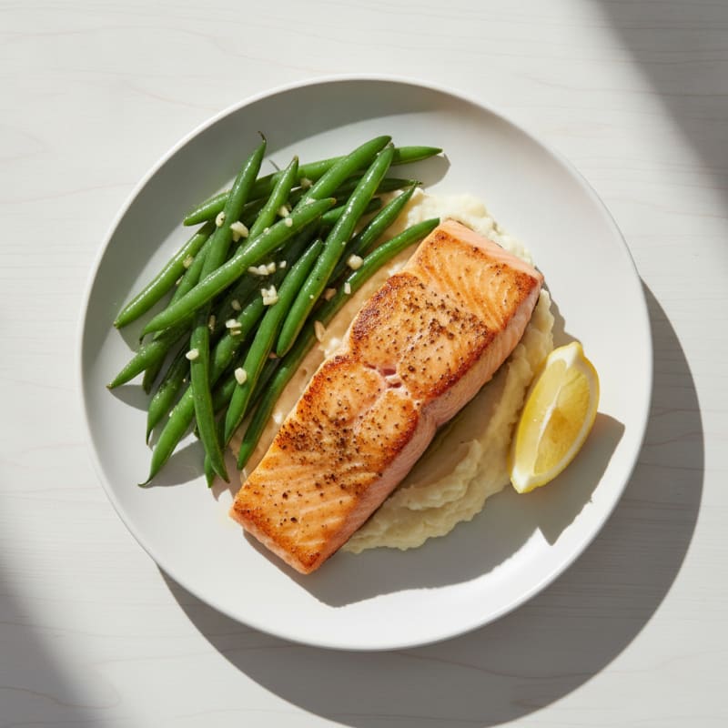 Seared Salmon with Garlic Green Beans and Cauliflower Mash