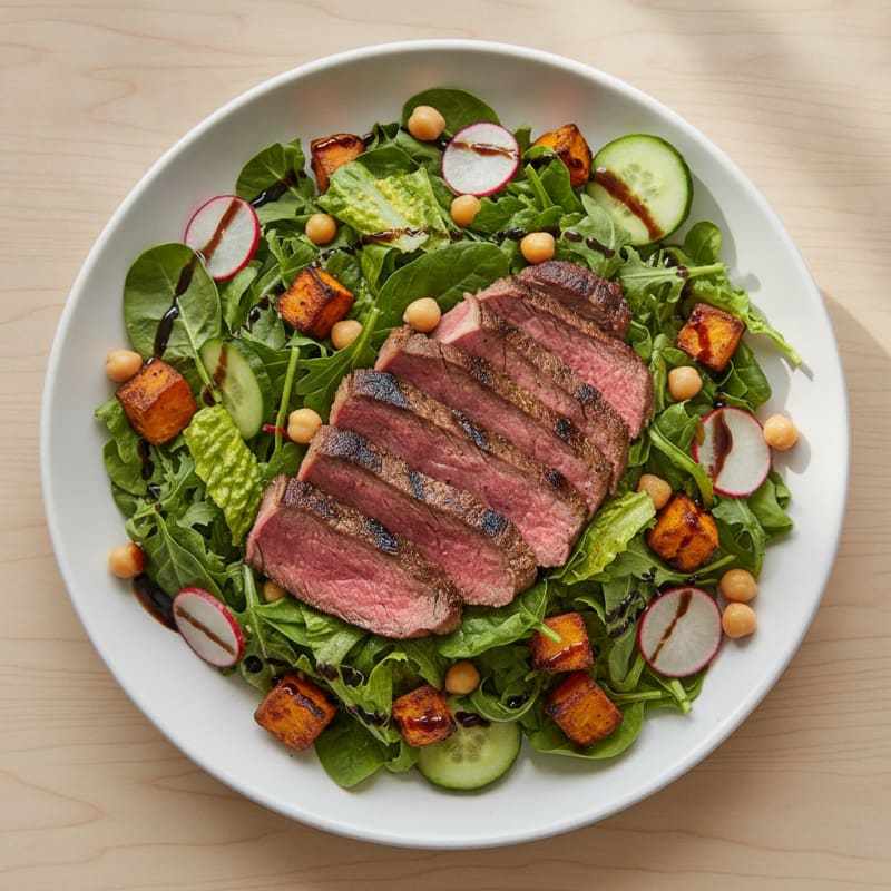 Grilled Beef Steak Salad with Roasted Sweet Potato and Crunchy Greens