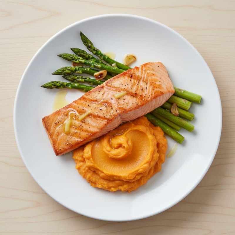 Seared Salmon Fillet with Roasted Asparagus and Sweet Potato Mash