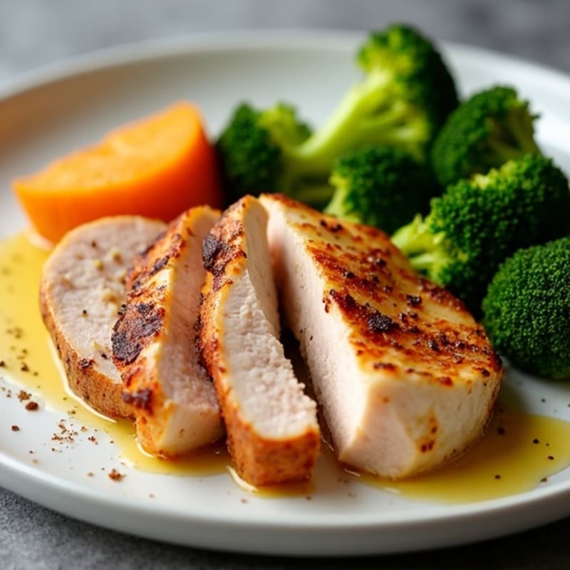 Seared Turkey Breast with Roasted Broccoli and Sweet Potato