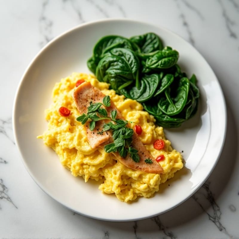 Egg White Scramble with Turkey Breast and Sautéed Spinach