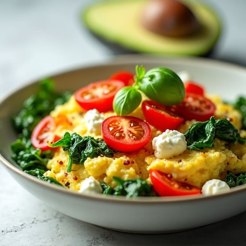 Egg White Spinach Scramble with Cottage Cheese and Cherry Tomatoes