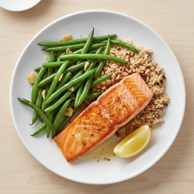 Seared Salmon Fillet with Garlic Green Beans and Brown Rice