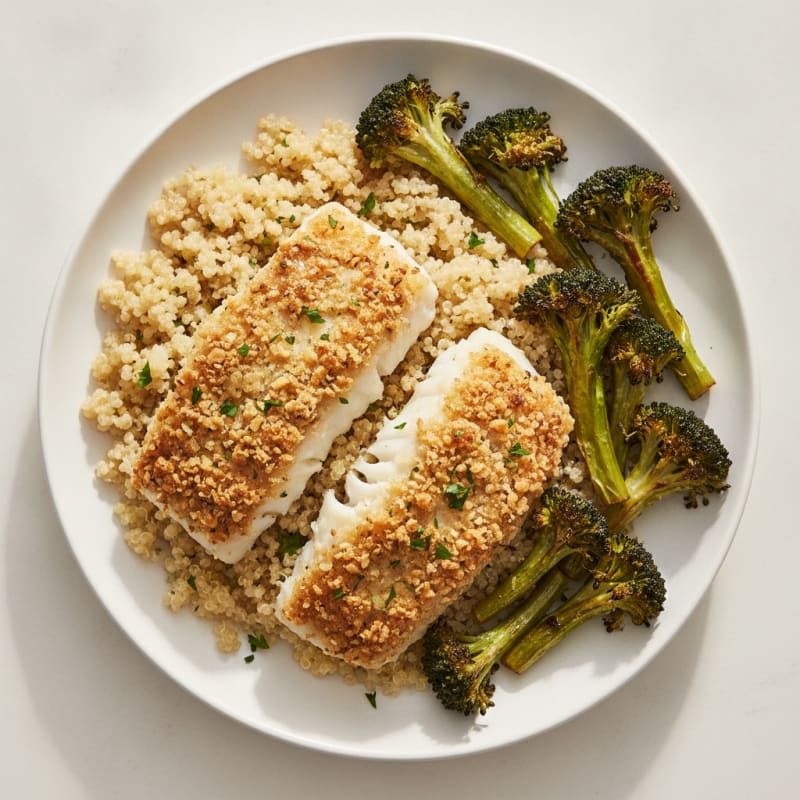 Crispy Baked Fish with Quinoa and Roasted Broccoli