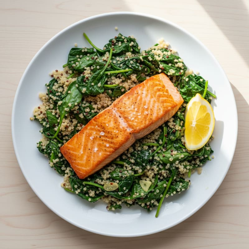 Seared Salmon with Quinoa and Garlicky Spinach