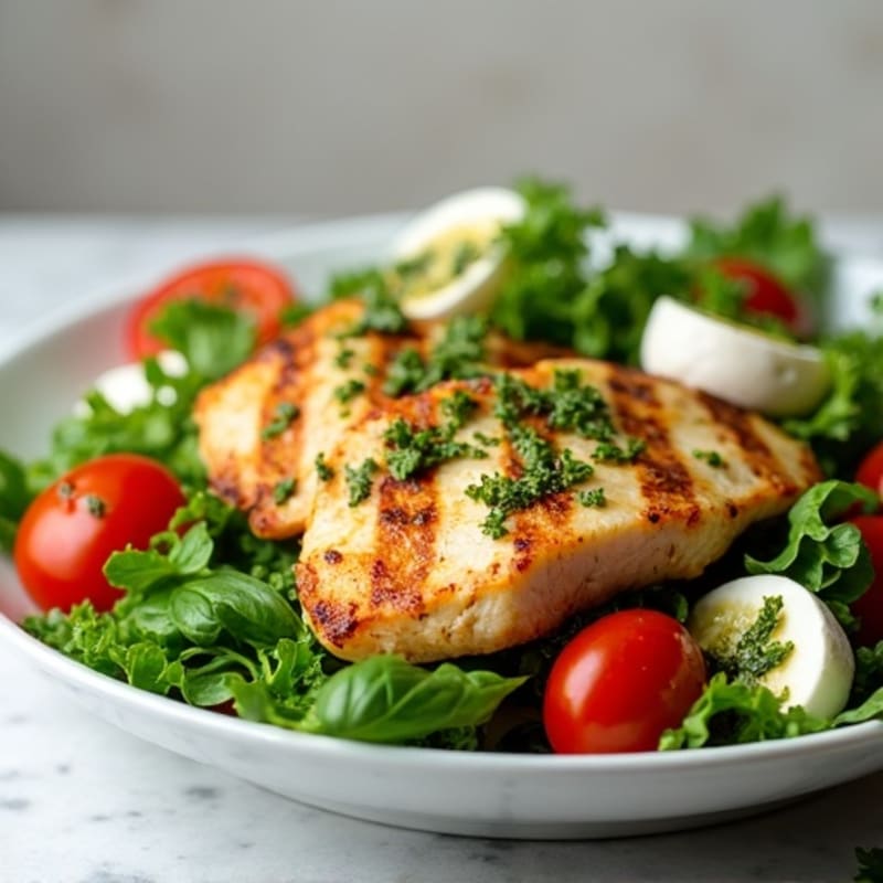 Chicken and Fresh Mozzarella Salad with Juicy Tomatoes and Basil Pesto