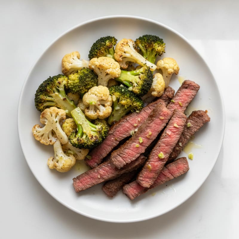 Seared Lean Beef Strips with Roasted Broccoli and Cauliflower