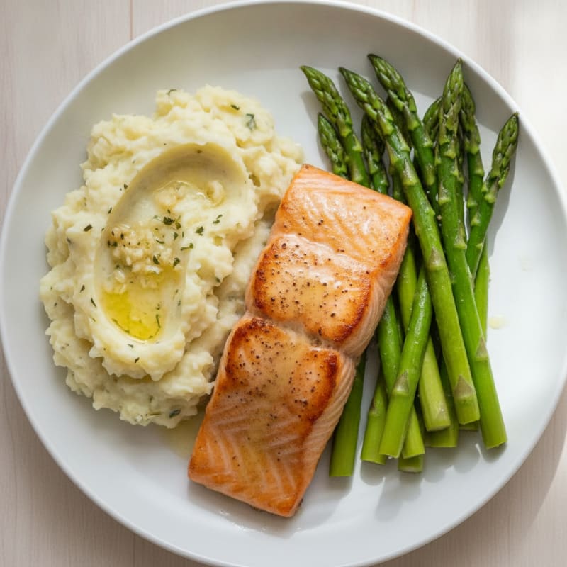 Seared Salmon Fillet with Steamed Asparagus and Garlic Mashed Potatoes