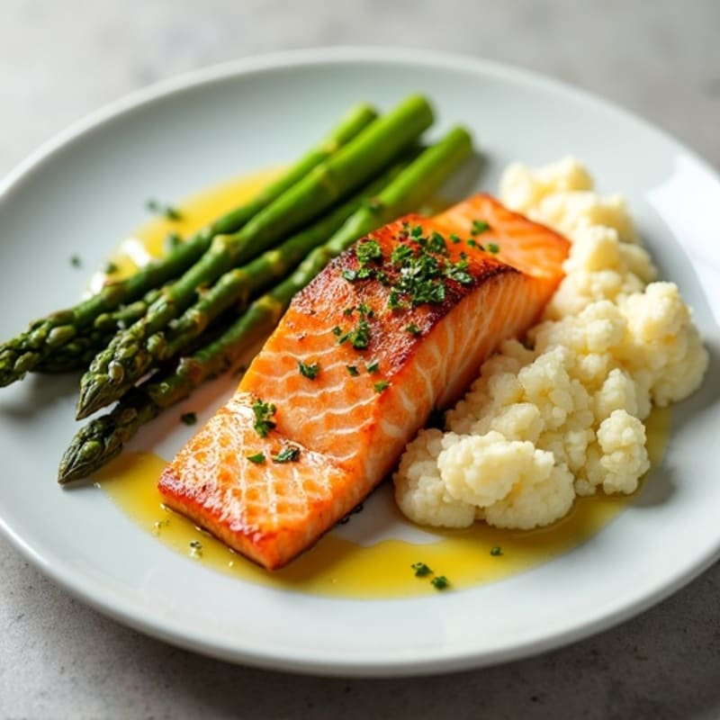 Seared Salmon with Steamed Asparagus and Garlic Cauliflower Mash