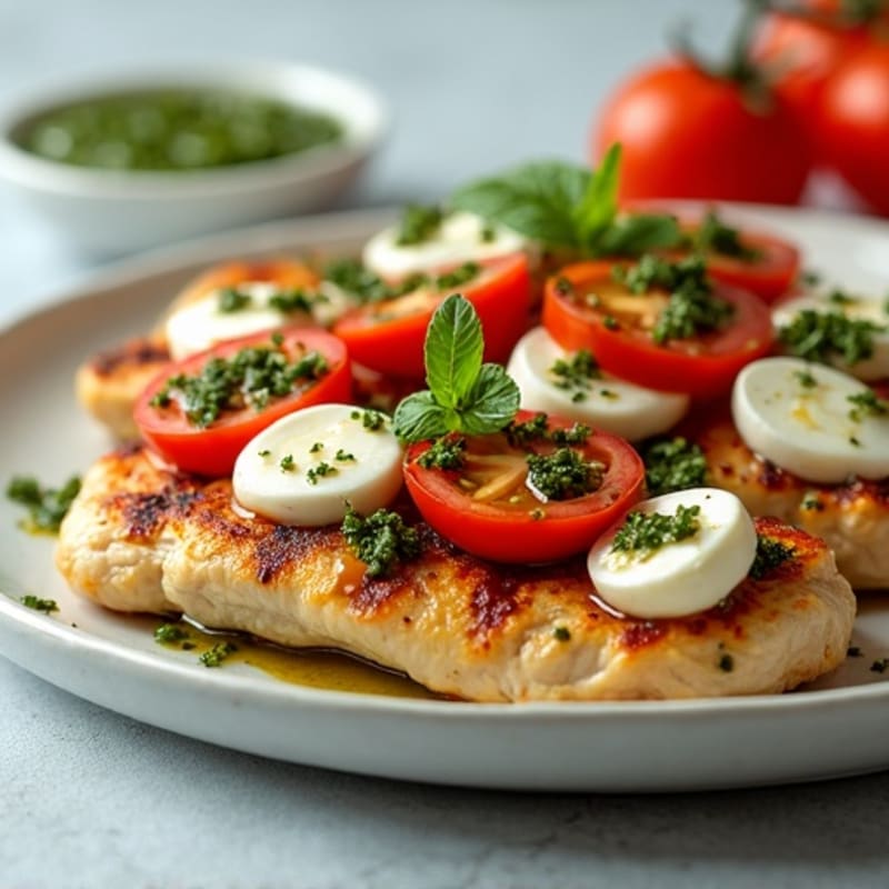 Grilled Chicken with Fresh Tomato, Creamy Mozzarella, and Basil Pesto