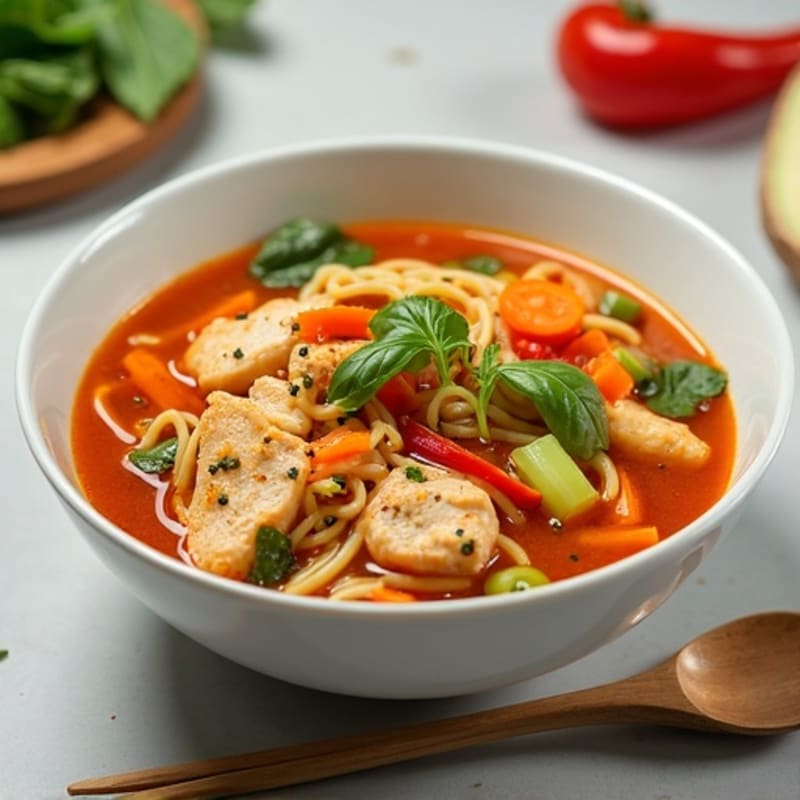 Spicy Sriracha Chicken Noodle Soup with Fresh Vegetables