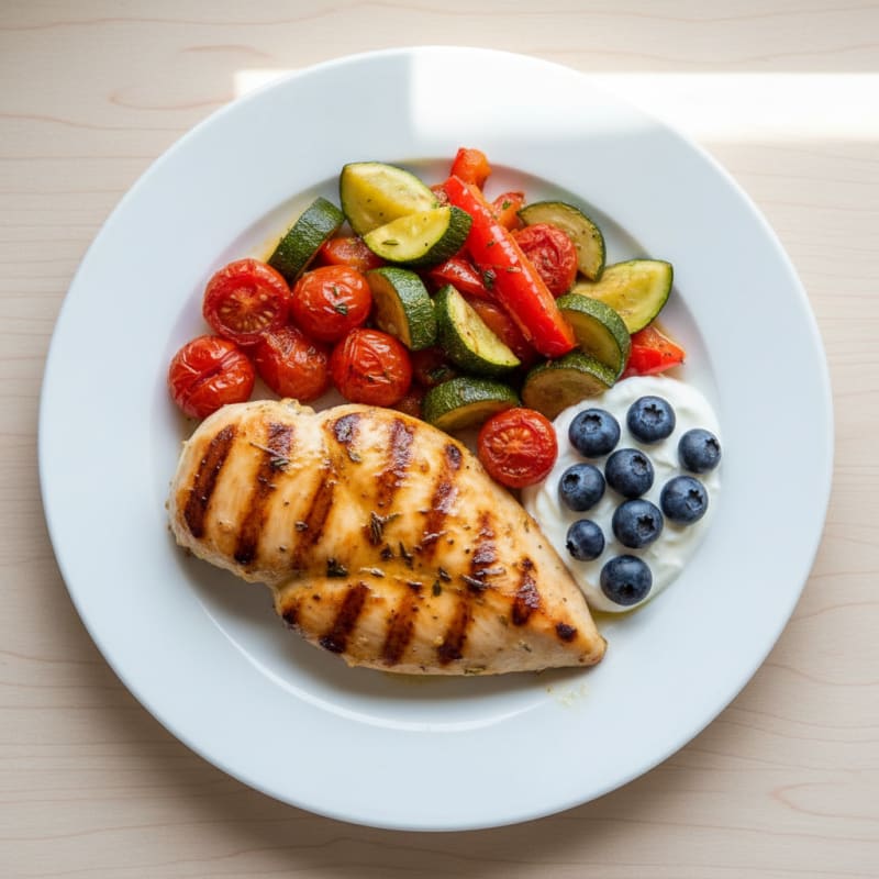 Grilled Chicken Breast with Roasted Tomato and Vegetable Medley